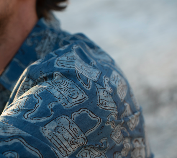 Short Sleeve Shirt with Natural Dye - Audiotape Motif Hand-Blockprinted Cotton