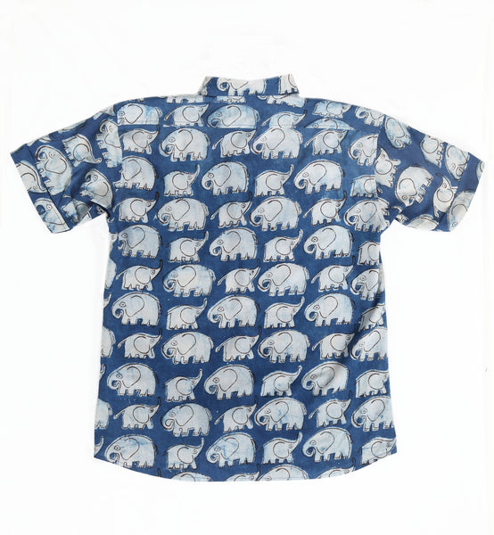Short Sleeve Shirt with Natural Dye - Elephant Motif Hand-Blockprinted Cotton