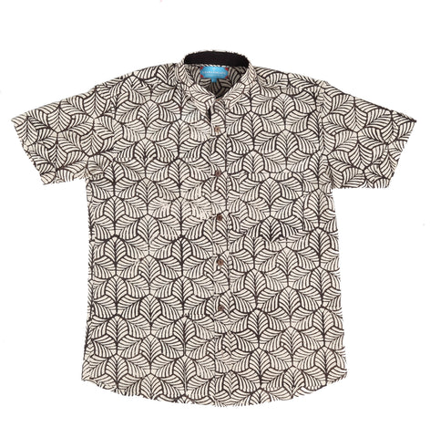 Short Sleeve Shirt with Natural Dye - Mosaic Motif Hand-Blockprinted Cotton