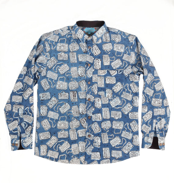 Long Sleeve Shirt with Natural Dye - Audiotape Motif Hand-Blockprinted Cotton