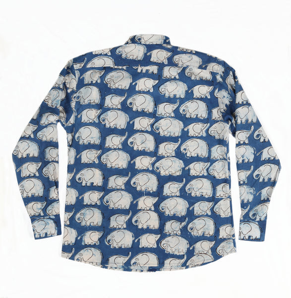 Long Sleeve Shirt with Natural Dye - Elephant Motif Hand-Blockprinted Cotton