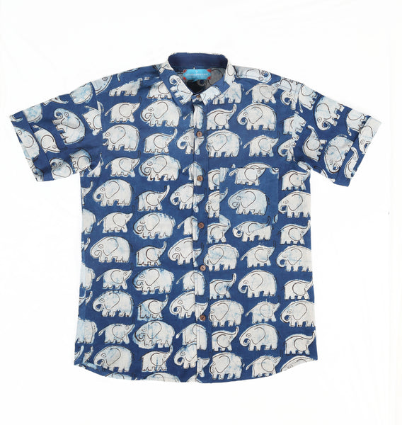 Short Sleeve Shirt with Natural Dye - Elephant Motif Hand-Blockprinted Cotton