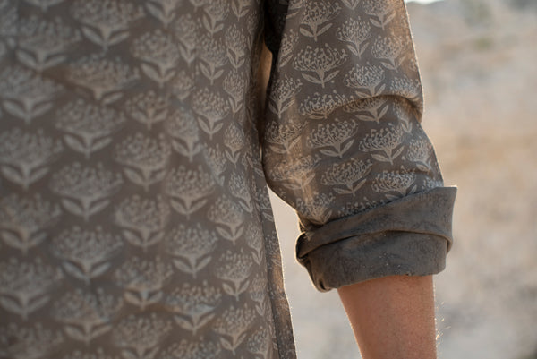 Long Sleeve Shirt with Natural Dye - Flowers Motif Hand-Blockprinted Cotton