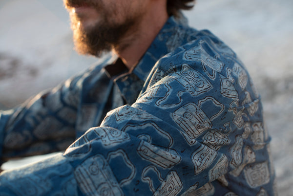 Long Sleeve Shirt with Natural Dye - Audiotape Motif Hand-Blockprinted Cotton