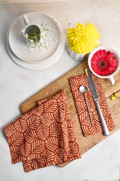 Table Set with Natural Dye- Red Mosaic Motif Hand Block Printed Cotton