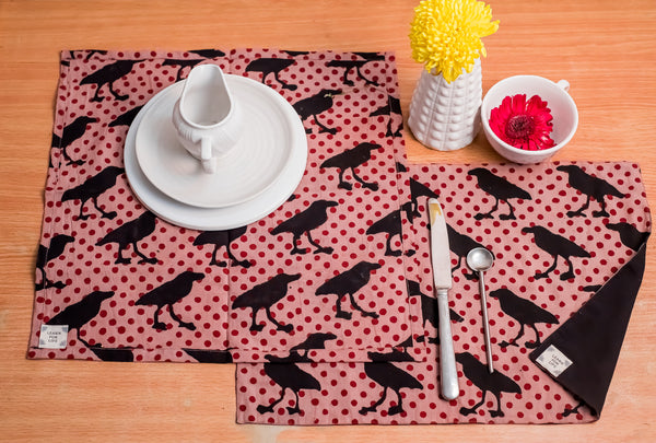 Table Set with Natural Dye- Crows Motif Hand Block Printed Cotton
