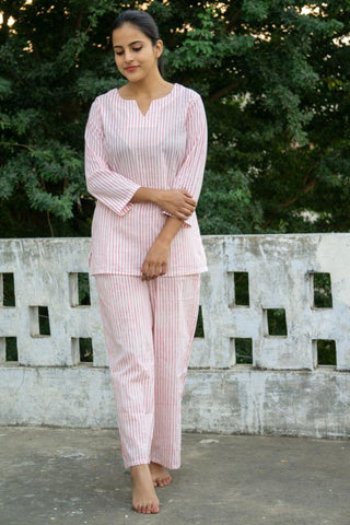 Night Suits- Pink Stripes Motif Blockprinted Cotton