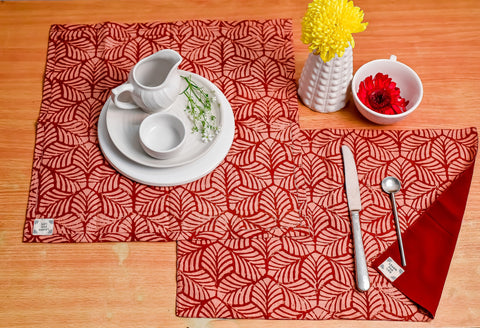 Table Set with Natural Dye- Red Mosaic Motif Hand Block Printed Cotton