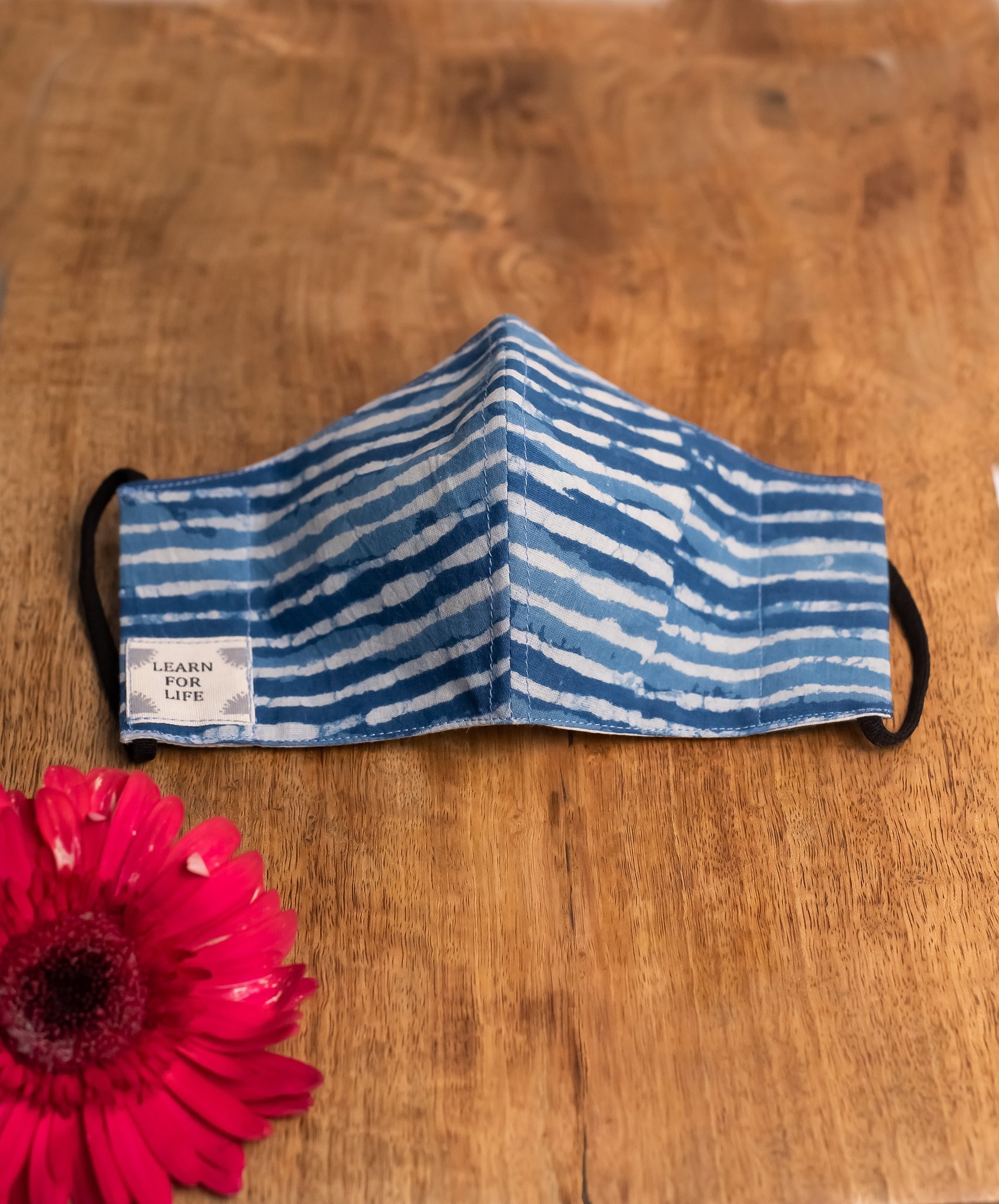 Round Face Mask for Children with Natural dye - Blues Stripes Motif Hand-Block Printed Cotton